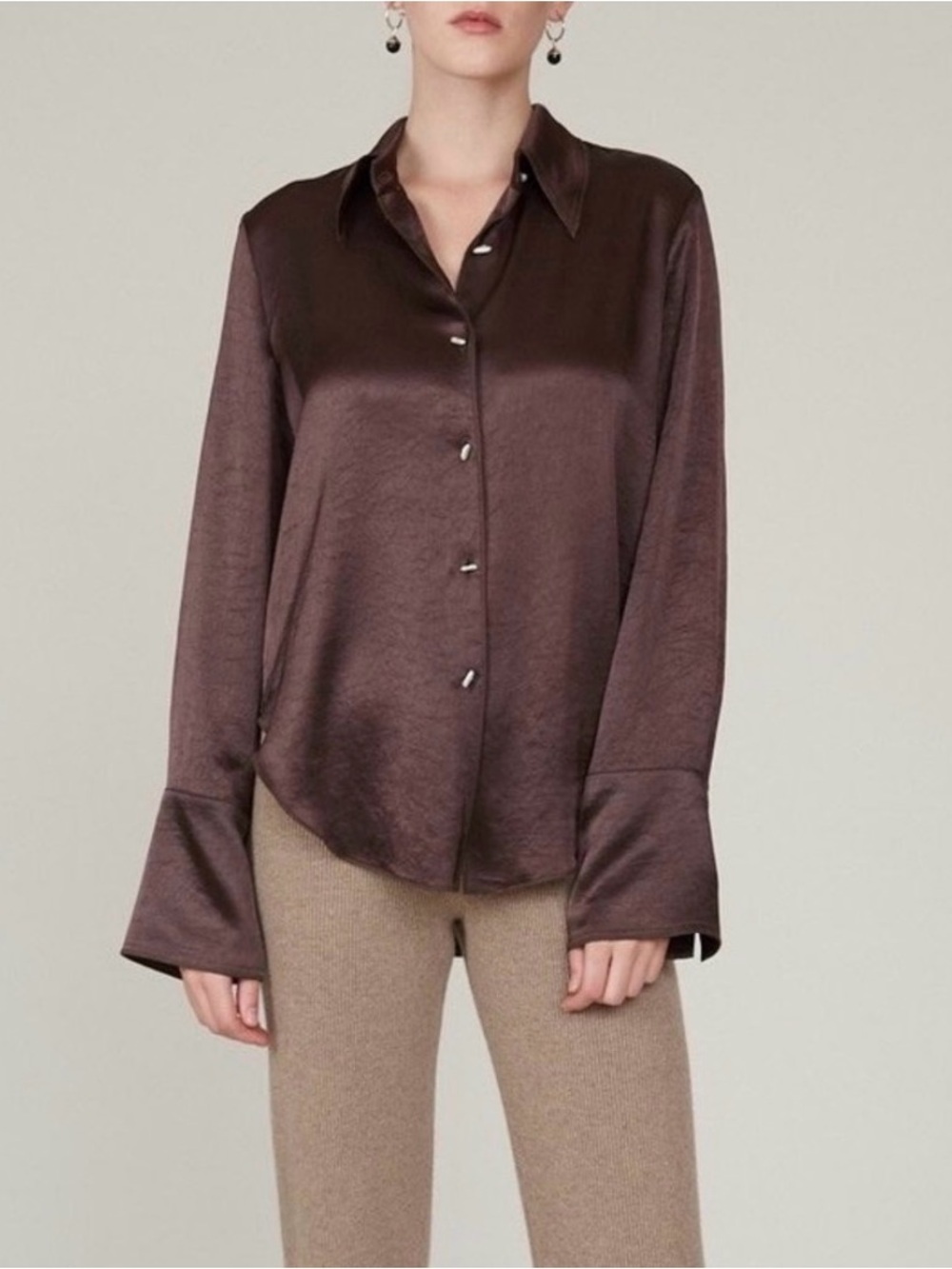 Nanushka Mandine Satin Long Sleeve Pearl Button Front Blouse in Brown Classic XS